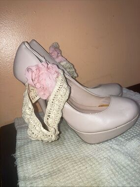 Street Society Pale Pink Platform Heels with Crochet Ankle Wrap